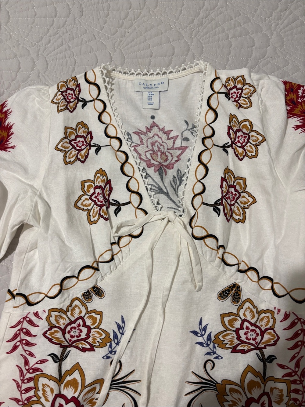 Calypso st Barth White Embroidered Boho Maxi Dress with Red & Blue Floral Motif - Picture 2 of 4